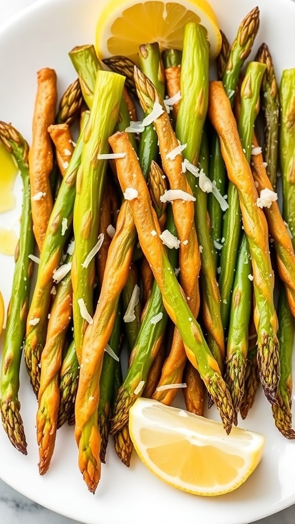 Crispy air-fried asparagus garnished with Parmesan cheese on a white plate with lemon wedges.